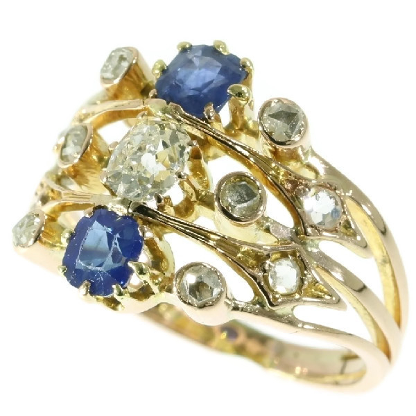 Antique Victorian ring multi shank with diamonds and sapphires